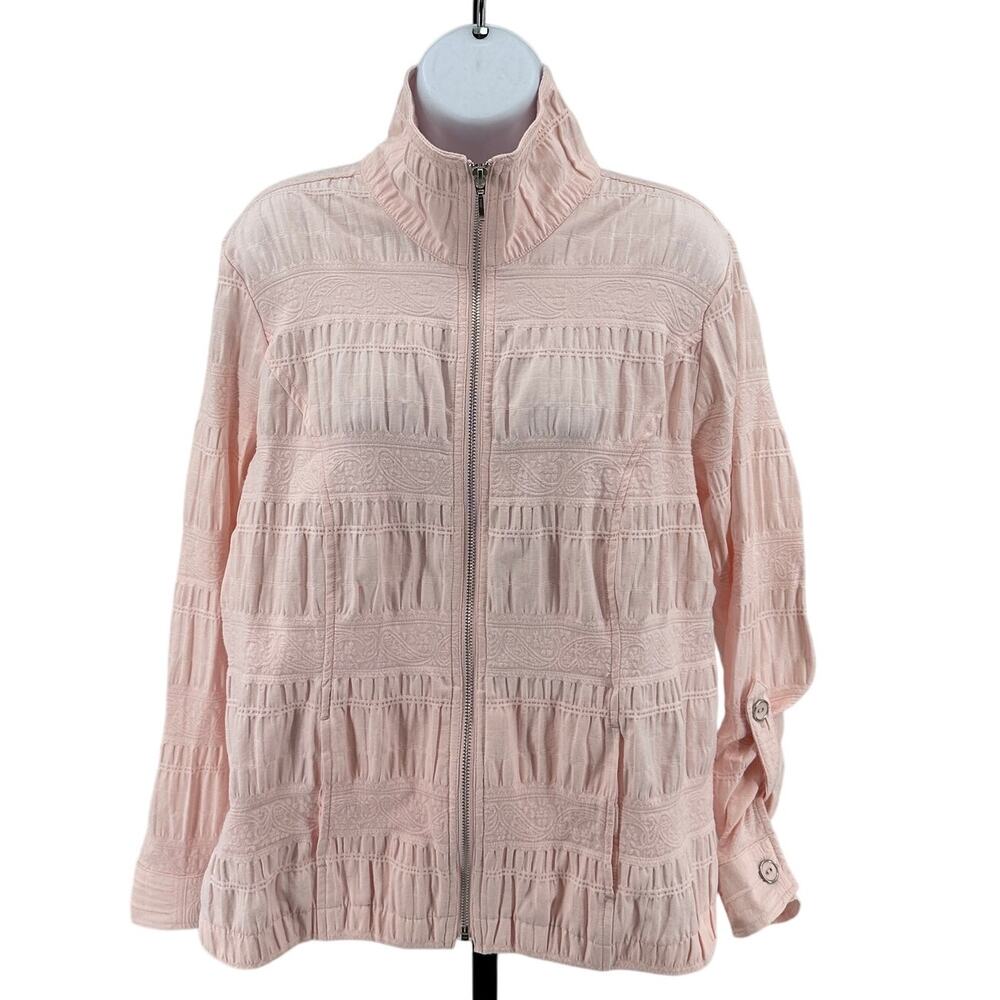 Christopher & Banks Jacket WMNS PL Full Zip Blush Pink Paisley Shirred Mock Neck